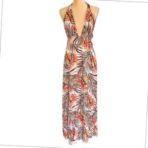 Forever 21 Plunging Halter Maxi Dress Cream Orange Green Size Large